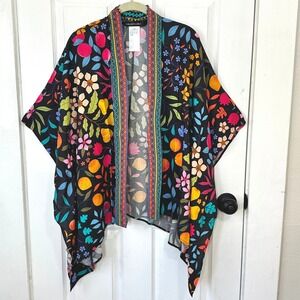 Colleen Lopez Black Floral Fruit Print Kimono Cardigan XS/S Tropical Boho Layer